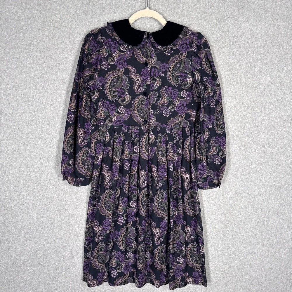 Vintage Laura Ashley Dress Girls 11-12 Babydoll Pleated Velvet Collar Paisley‎